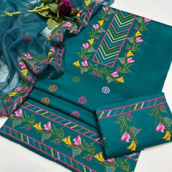 3 Pcs Women's Unstitched Cotton Embroidered Suit