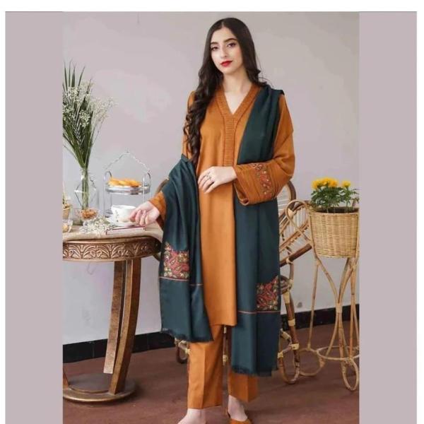 3 Pcs Women's Unstitched Dhanak Embroidered Suit